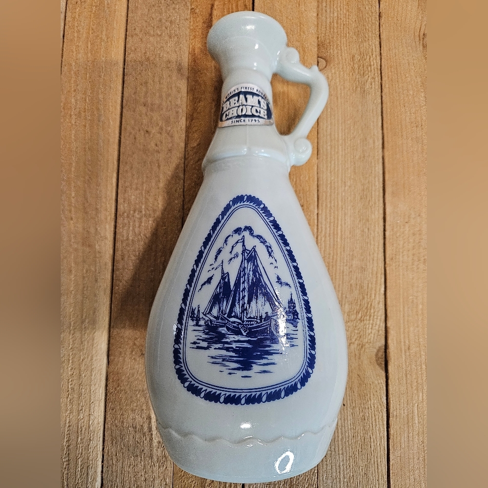 1963- VINTAGE JAMES BEAM BOTTLE DECANTER - SAILBOATS LIGHTHOUSE - MILK GLASS